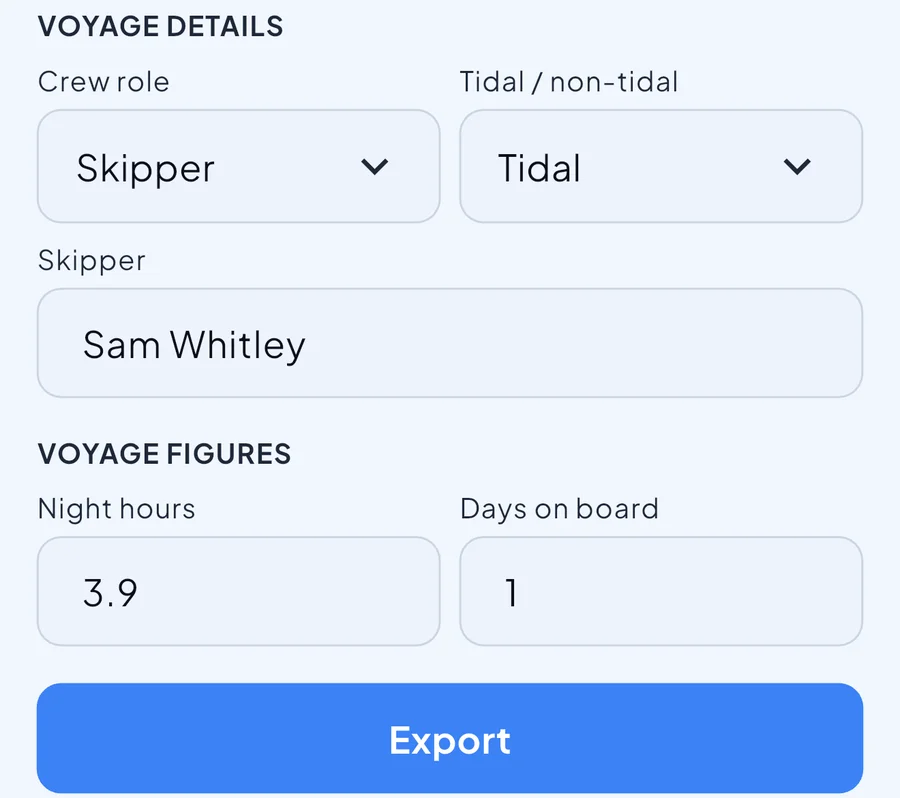 Nautis export screen with fields for crew role set to Skipper, water set to Tidal, a skipper's name, 3.9 night hours and 1 day on board, above a blue Export button