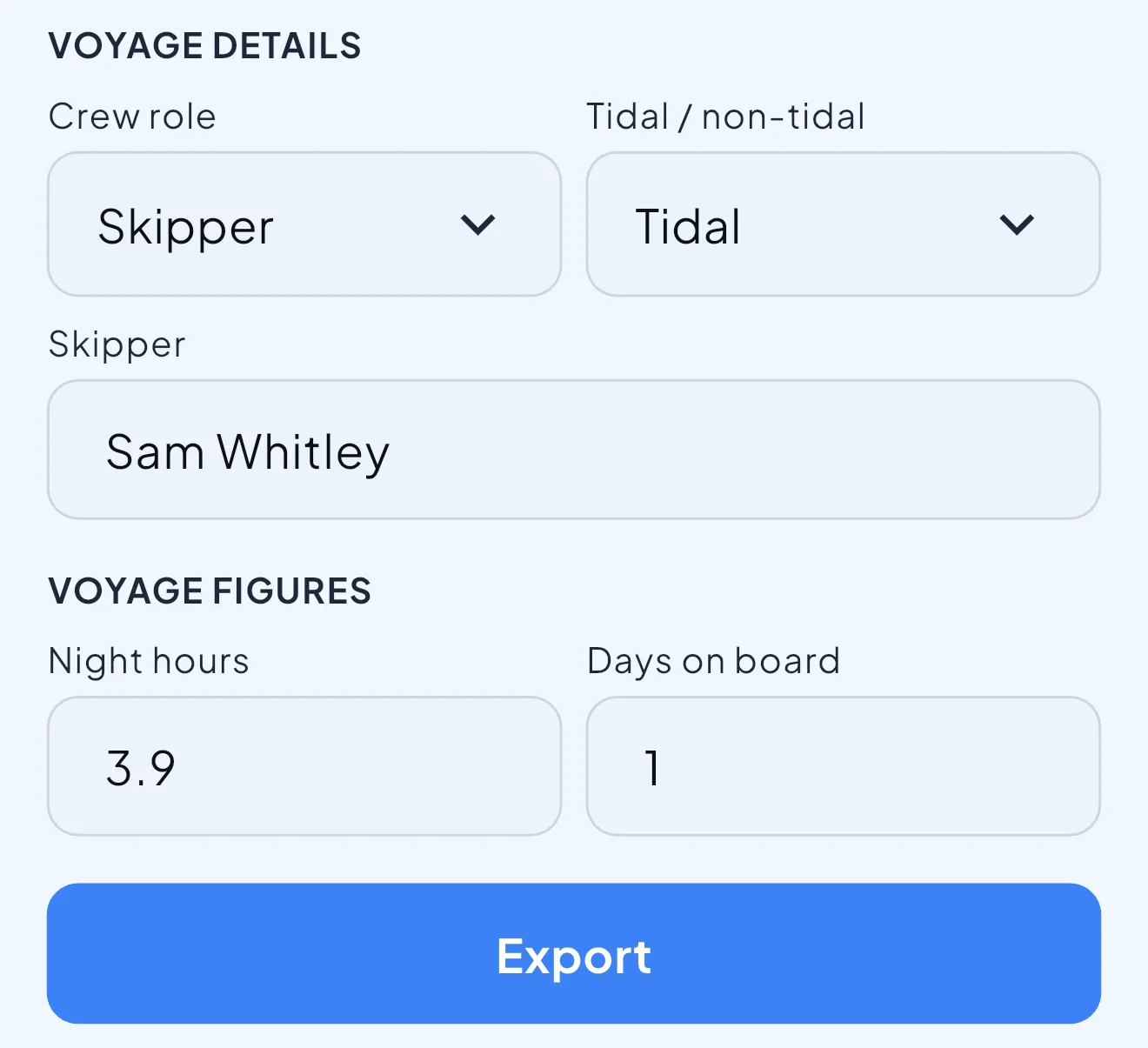 Nautis Voyage Record export screen with crew role set to Skipper, tidal water selected, a skipper name, 3.9 night hours, 1 day on board and an Export button