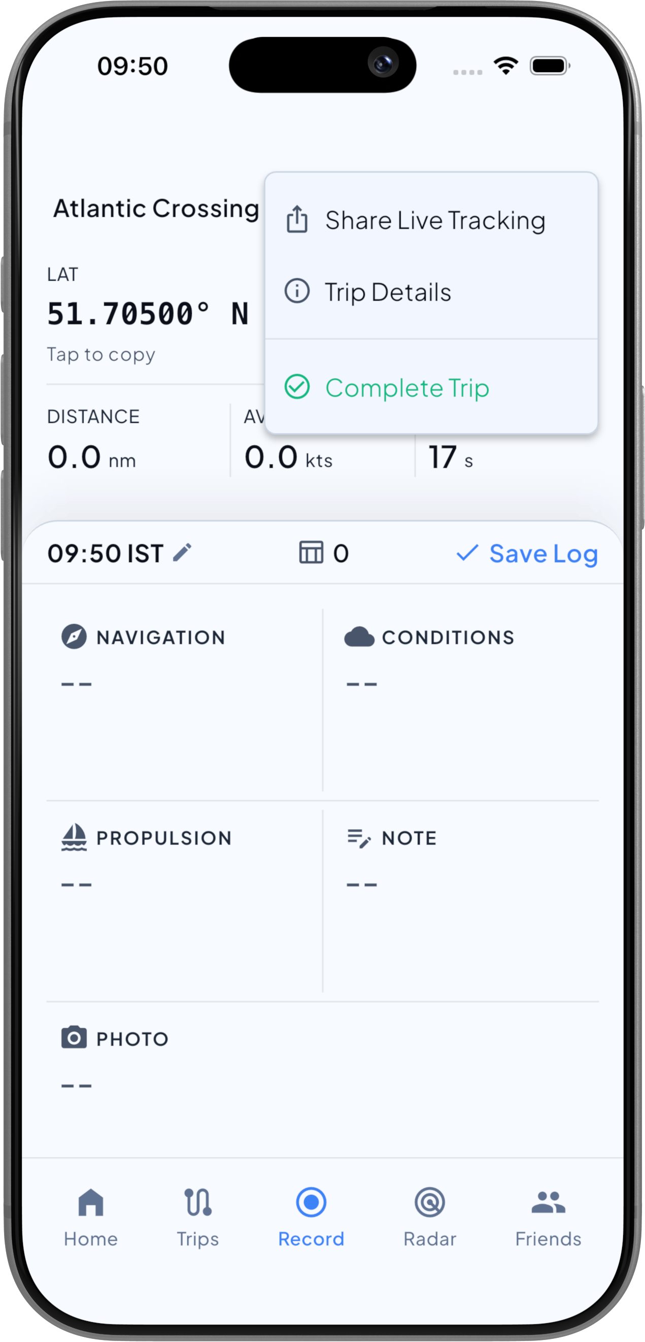 The Share Live Tracking menu open on an active trip