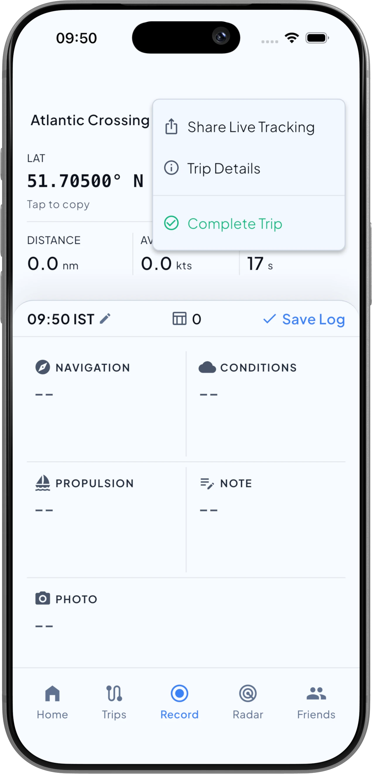 The Share Live Tracking menu open on an active trip