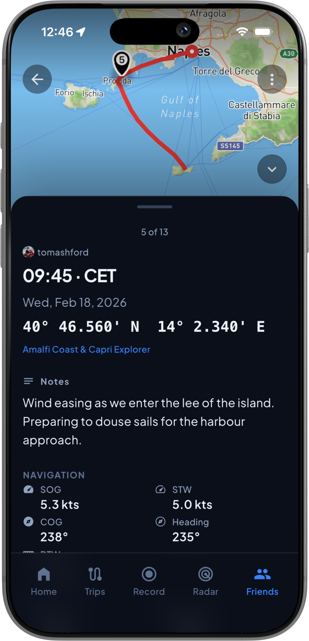A friend's log entry in dark mode