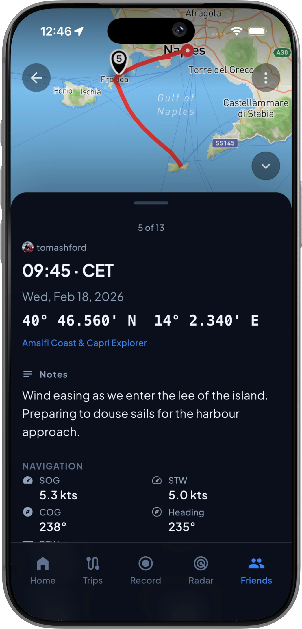 A friend's log entry in dark mode