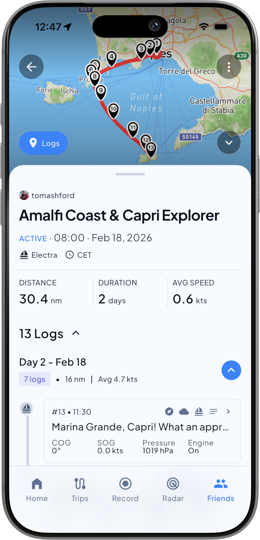 A friend's trip in Nautis: their route and log entries