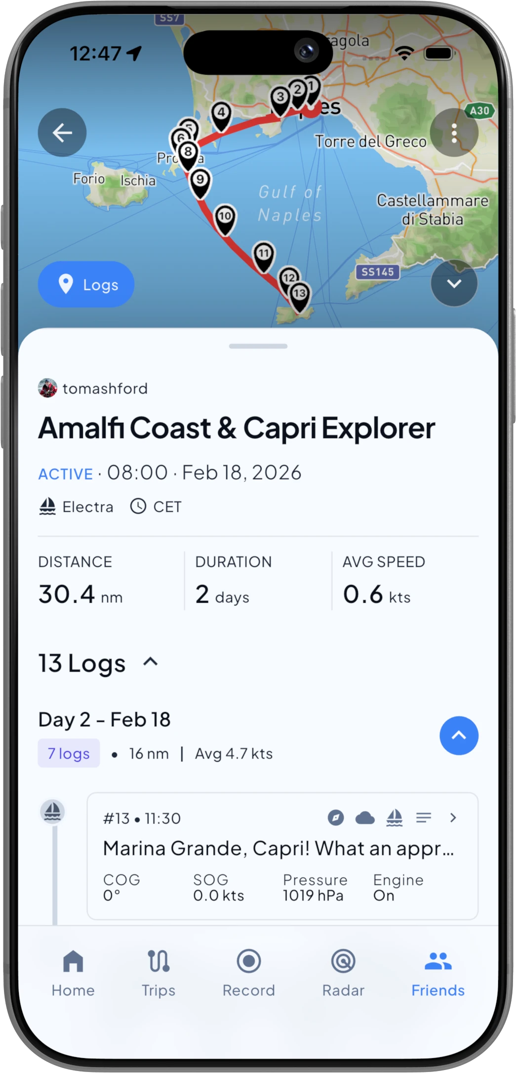 A friend's trip in Nautis: their route and log entries