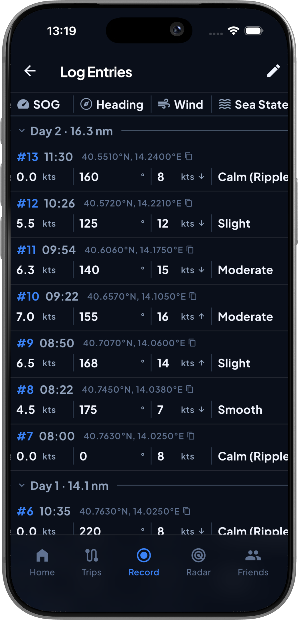 The Nautis logbook in dark mode