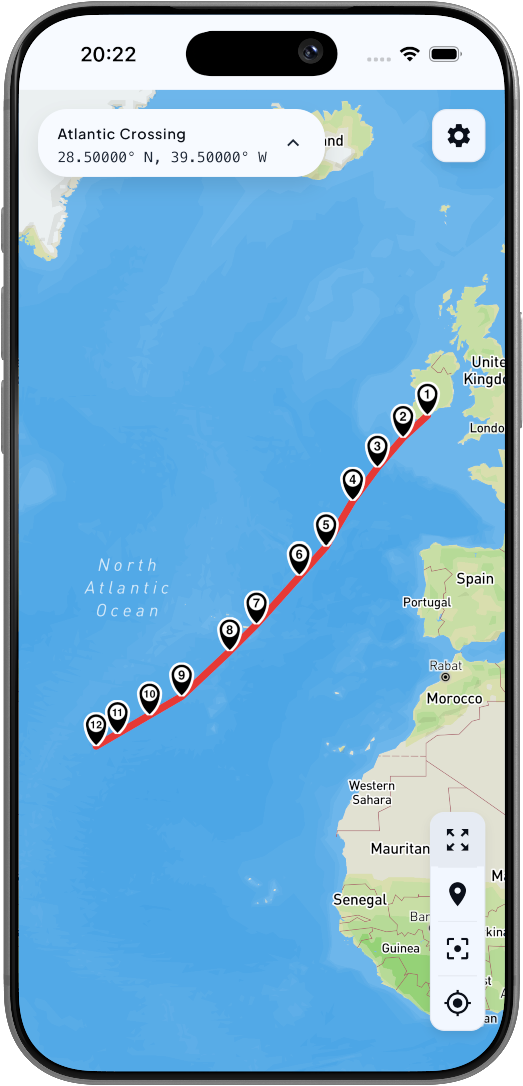 The shared trip followed live on a phone, the route on the map