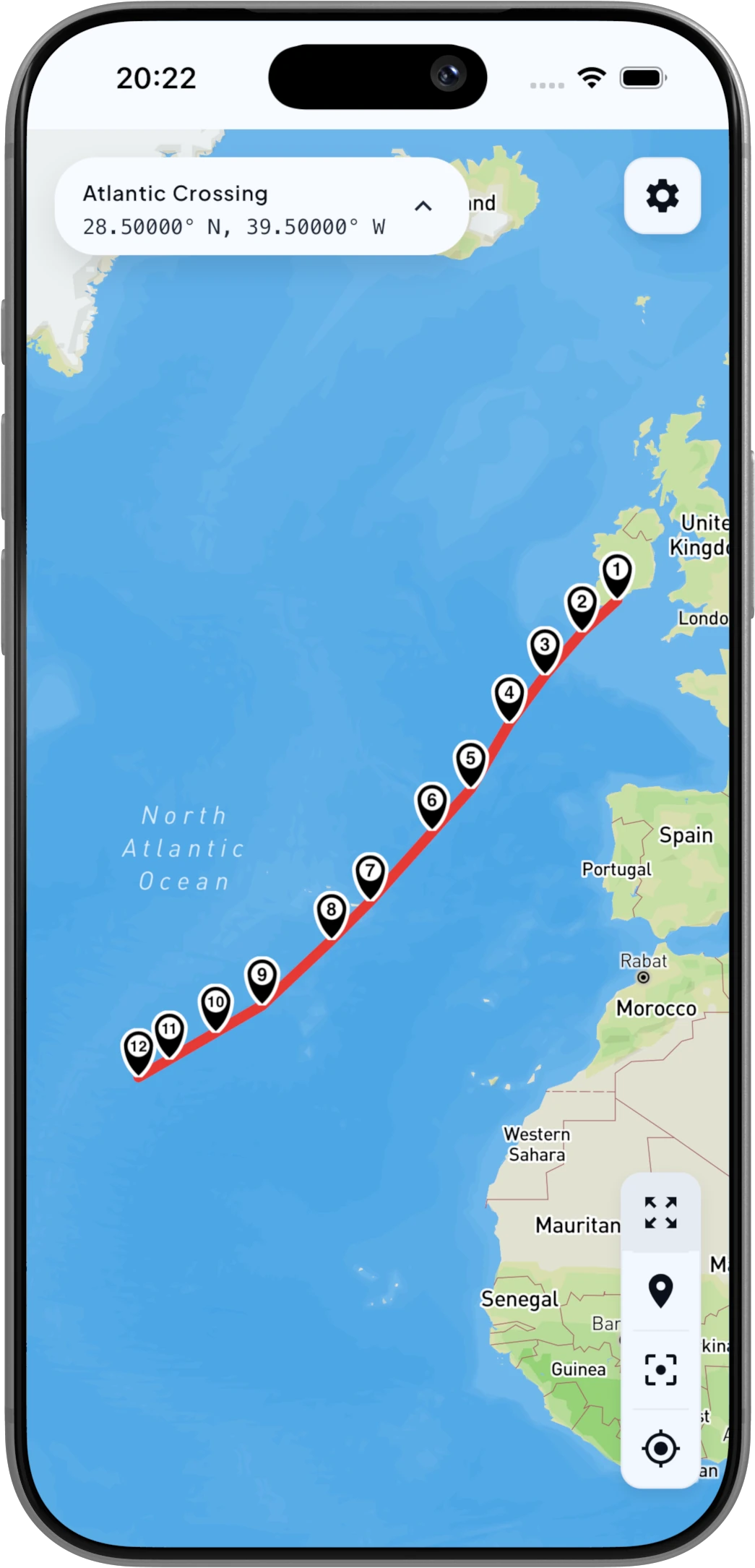 The shared trip followed live on a phone, the route on the map