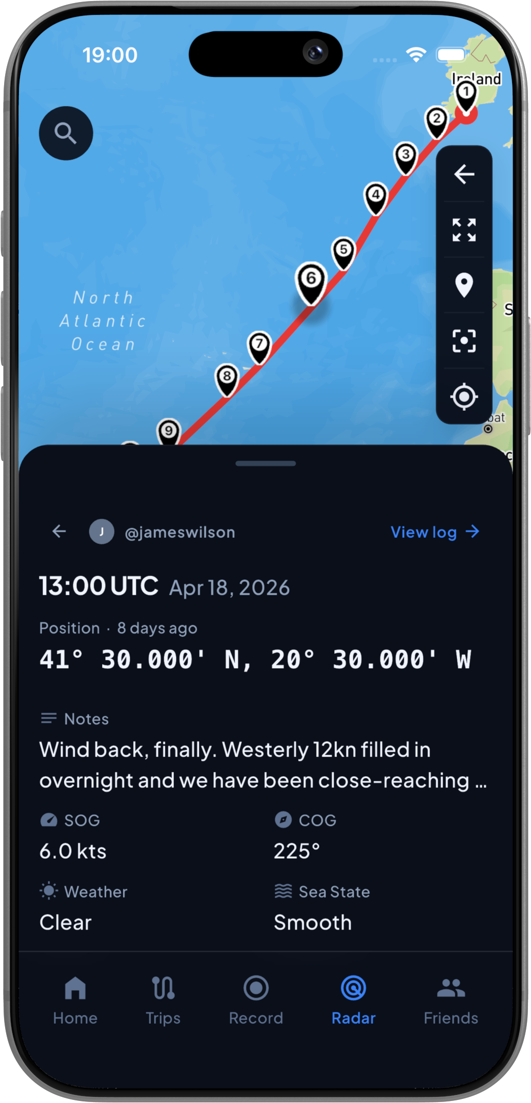 A log entry, viewed via the Radar