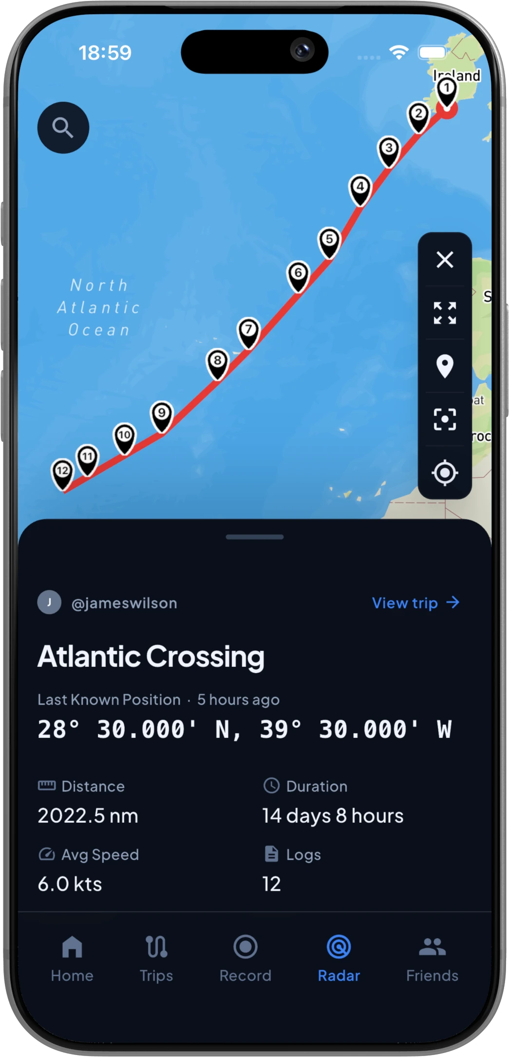 A sailor's trip opened from the Radar, in dark mode