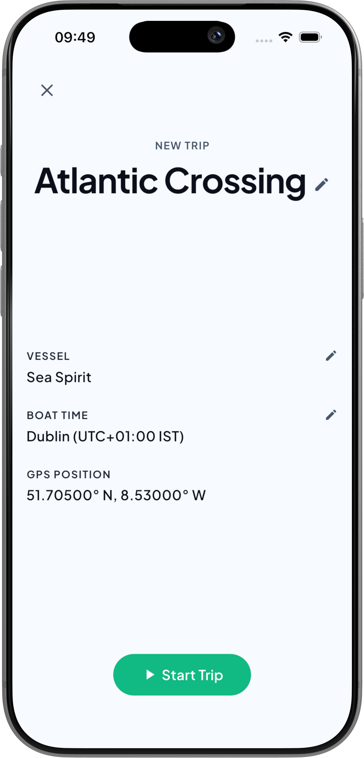 The New Trip screen in Nautis, ready to start a trip