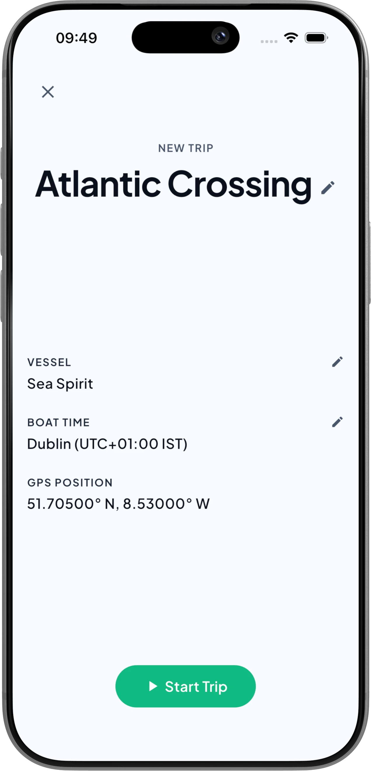 The New Trip screen in Nautis, ready to start a trip