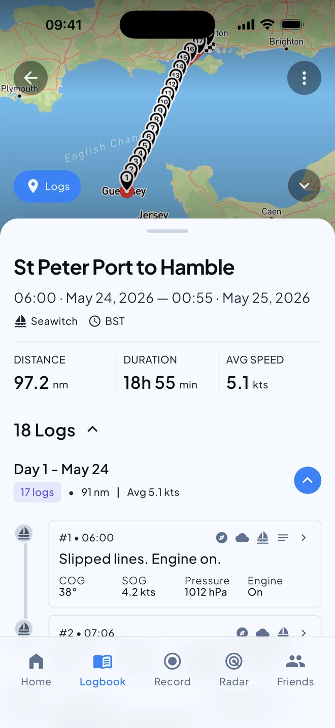 The St Peter Port to Hamble trip in Nautis: 97.2 miles in 18 hours 55 minutes, with 18 log entries